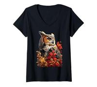 Womens Colorful Owl with Autumn Leaves Fall Flowers Forest Animal V-Neck T-Shirt