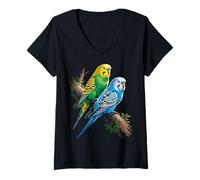 Womens Colorful Parakeets Budgies on Branch V-Neck T-Shirt