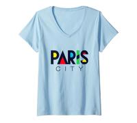 Women's Colorful Paris City Modern Geometric Typography V-Neck T-Shirt