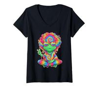 Women's Colorful Peaceful Frog with Groovy Vibes for Hippies V-Neck T-Shirt