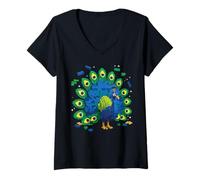 Womens Colorful Peacock Built from Bricks with Feathers V-Neck T-Shirt