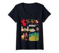 Womens Colorful Peru Map and Culture Icons Travel Illustration V-Neck T-Shirt