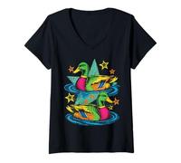 Women's Colorful Preppy Duck Lake Aesthetic Design V-Neck T-Shirt