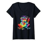 Women's Colorful Psychedelic Frog Flashing Groovy Peace Sign Art V-Neck T-Shirt