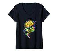 Women's Colorful Rainbow Sunflower Psychedelic Floral Art V-Neck T-Shirt