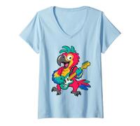 Women's Colorful Rock Star Macaw Playing Electric Guitar V-Neck T-Shirt