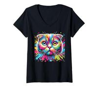 Women's Colorful Scottish Fold Cat Expression V-Neck T-Shirt