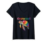 Women's Colorful Sea Turtle Cozumel Mexico Beach Vacation V-Neck T-Shirt