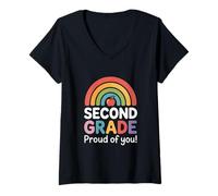Women's Colorful Second Grade Proud of You Rainbow Apple V-Neck T-Shirt