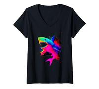 Womens Colorful Shark Cool Ocean Animal Lover Marine Life V-Neck T-Shirt