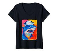 Womens Colorful Shark Sailor Artwork Nautical Marine Animal Summer V-Neck T-Shirt