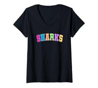 Womens Colorful Sharks Rainbow Pattern Fun V-Neck T-Shirt