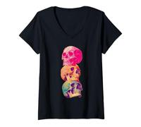 Women's Colorful Skulls Tropical Gothic Summer Summerween Goth V-Neck T-Shirt