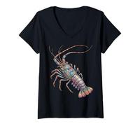 Women's Colorful Spiny Lobster Ocean Animal Abstract Art Marine V-Neck T-Shirt