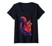 Womens Colorful Squirrel with Sunglasses Artistic Wildlife Animal V-Neck T-Shirt