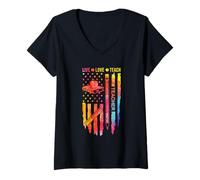 Womens Colorful Teacher USA Flag Live Love Teach American Pride V-Neck T-Shirt