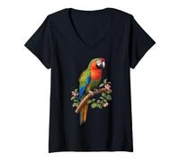 Women's Colorful Tropical Parrot with Floral Branch Design V-Neck T-Shirt