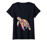 Women's Colorful Turtle Graphic Tropical Ocean V-Neck T-Shirt