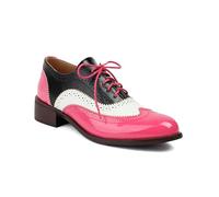Women's Colorful Wingtip Brogue Oxford Shoes, Two-Tone Patent Leather Lace-Up Low Heel Perforated Dress Shoes for Work Casual,Rose red,39
