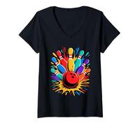 Womens Colorsplash Bowling Game Lanes Pinball Ball V-Neck T-Shirt