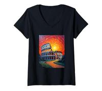 Womens Colosseum Rome Art in Bold Van Gogh Sunset Style V-Neck T-Shirt