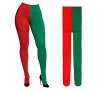 Women's Colourful Tights for Pippi Longstocking Costume, Two-Tone Red/Green Splice Design, Elastic Tights, Women's Large Sizes and Adults, Perfect for Carnival and Halloween Party