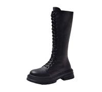 Womens Combat Boots Plaform Knee High Boots for Women with Lace Up Low Chunky Heel Fall Winter Comfortable Non Slip Waterproof Shoes Mid Calf Boot Punk Goth Ladies Military Riding Boot