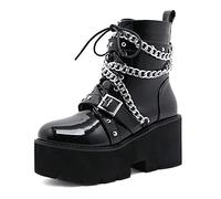 Womens Combat Boots Platform Chains Cross Strappy Chunky Heel Block Ladies Goth Boots Punk Zipper Ankle Booties Size 2.5-9 UK (6.5,Black)