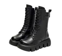 Women's Combat Platform Boots, Black Synthetic Leather, Mid-Calf Length, Velvet Lined, Lace-Up Design, Chunky Lugged Outsole, 1.5 Inch Platform