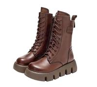 Women's Combat Platform Boots, Black Synthetic Leather, Mid-Calf Length, Velvet Lined, Lace-Up Design, Chunky Lugged Outsole, 1.5 Inch Platform