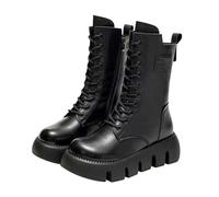 Women's Combat Platform Boots, Black Synthetic Leather, Mid-Calf Length, Velvet Lined, Lace-Up Design, Chunky Lugged Outsole, 1.5 Inch Platform