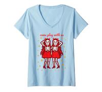 Womens Come Play with Us Ghost Twins Scary Devil Girls Halloween V-Neck T-Shirt
