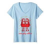 Womens Come Play with Us Ghost Twins Scary Devil Girls Halloween V-Neck T-Shirt