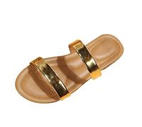 Women's Comfort Extra Wide Fit Flat Sandals Ladies Fashion Summer Solid Color Leather Round Head Flat Beach Slippers Sliders Womens Black Glitter Slippers Women 7.5 (Gold,4.5)