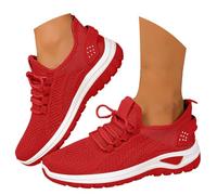 Women's Comfort Lace Up Sneakers Woven Mesh Breathable Sneaker Lightweight Non-Slip Walking Shoes with Air Cushion Wedge Arch Support and Stretch Fit Trainers Plain Footwear for Fitness Running Red