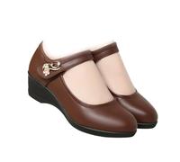 Women's Comfort Mary Jane Work Shoes with Low Wedge Heel Leather Office Flats with Strap Round Toe Dress Shoes (Brown,5)
