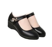 Women's Comfort Mary Jane Work Shoes with Low Wedge Heel Leather Office Flats with Strap Round Toe Dress Shoes (Black,5)