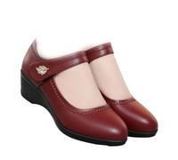 Women's Comfort Mary Jane Work Shoes with Low Wedge Heel Leather Office Flats with Strap Round Toe Dress Shoes (Burgundy,6)