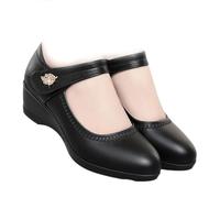 Women's Comfort Mary Jane Work Shoes with Low Wedge Heel Leather Office Flats with Strap Round Toe Dress Shoes (M-Black,6.5)