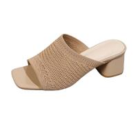 Women's Comfort Open Toe Block Heel Shoes Flying Woven High Heeled Sandals Knitted Chunky Heeled Sandals Black Sandal Heels for Women Size 6 Indoor (Khaki,5)