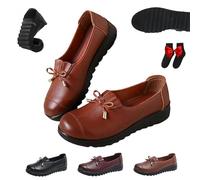 Women's Comfort Slip-On Loafers,Breathable Leather Bow Orthopedic Loafers, Non-Slip Soft Bottom Lightweight Round Toe Moccasins Work Driving Flats Mom's Shoes (Brown,35 EU)