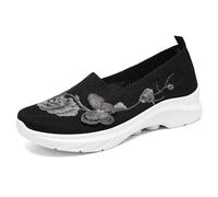 Women's Comfort Walking Shoes, Mesh Breathable Stretch Fit Orthopedic Sneakers with Arch Support, Non Slip Low Top Trainers Black
