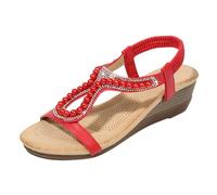 Womens Comfort Wedge Sandals Pearl Rhinestone T-Strap Summer Shoes Ladies Elasticated Slingback Bohemian Low Wedge Open Toe Casual Footwear Red