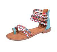 Womens Comfortable Ankle Strap Flat Sandals Women's Summer Sandals Ethnic Dazzling Colorful Patchwork Large Size Flat Strappy for Women Black Sandels Size 2 (Blue,6.5)