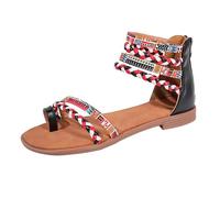 Womens Comfortable Ankle Strap Flat Sandals Women's Summer Sandals Ethnic Dazzling Colorful Patchwork Large Size Flat Strappy for Women Black Sandels Size 2 (Black,4)