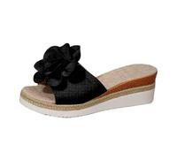 Womens Comfortable Chunky Wedge Sandals Sliders Platform Sandals For Women 2026 Summer Woven Suede Flower Open Toe Espadrilles Slingback Casual Plastic Slipper Womens Leather (Black,6)