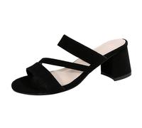 Women's Comfortable Extra Wide Fit Block Heels Europe And The States Wind Fish Mouth A High Heeled Thick With Temperament With Round Head Open Toe White Sandals for Women Ankle Strap (Black,35)