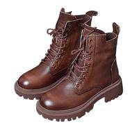 Womens Comfortable Mid Calf Boots Ladies Chunky Heel Platform Biker Combat Ankle Booties with Lace-Up Zipper Lightweight Non-Slip Waterproof Walking Shoes Soft Outdoor Trekking Boots Brown