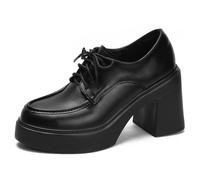 Women's Comfortable Oxford Heels Lace Up Chunky Block Heel Platform Shoes for All Day Walking & Standing Ergonomic Design Anti-Slip Rubber Bottom Black Shoes,Matte Black,6.5 UK