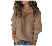 Womens Comfortable Plain Sweaters Tops Fashion Women Top Blouse Bow Collar Solid Buttons Long Sleeve Knitted Casual Sweater Warm Top Elegant Soft Tops for Outdoor Xmas Gifts (Khaki, L)